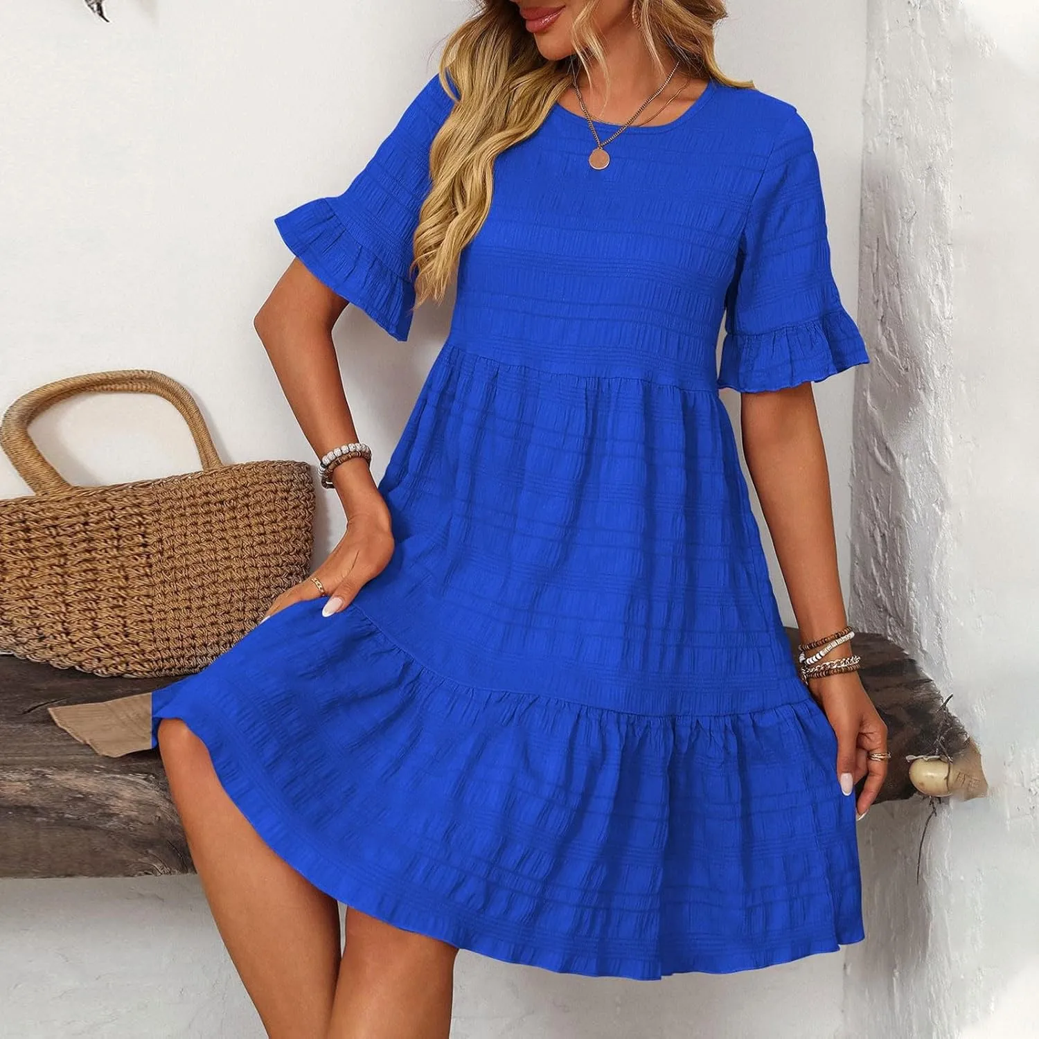 Womens Summer Ruffle Sleeve Mini Dress Crew Neck A Line Lightweight Soft Solid Casual Baby Dolls Short Dresses