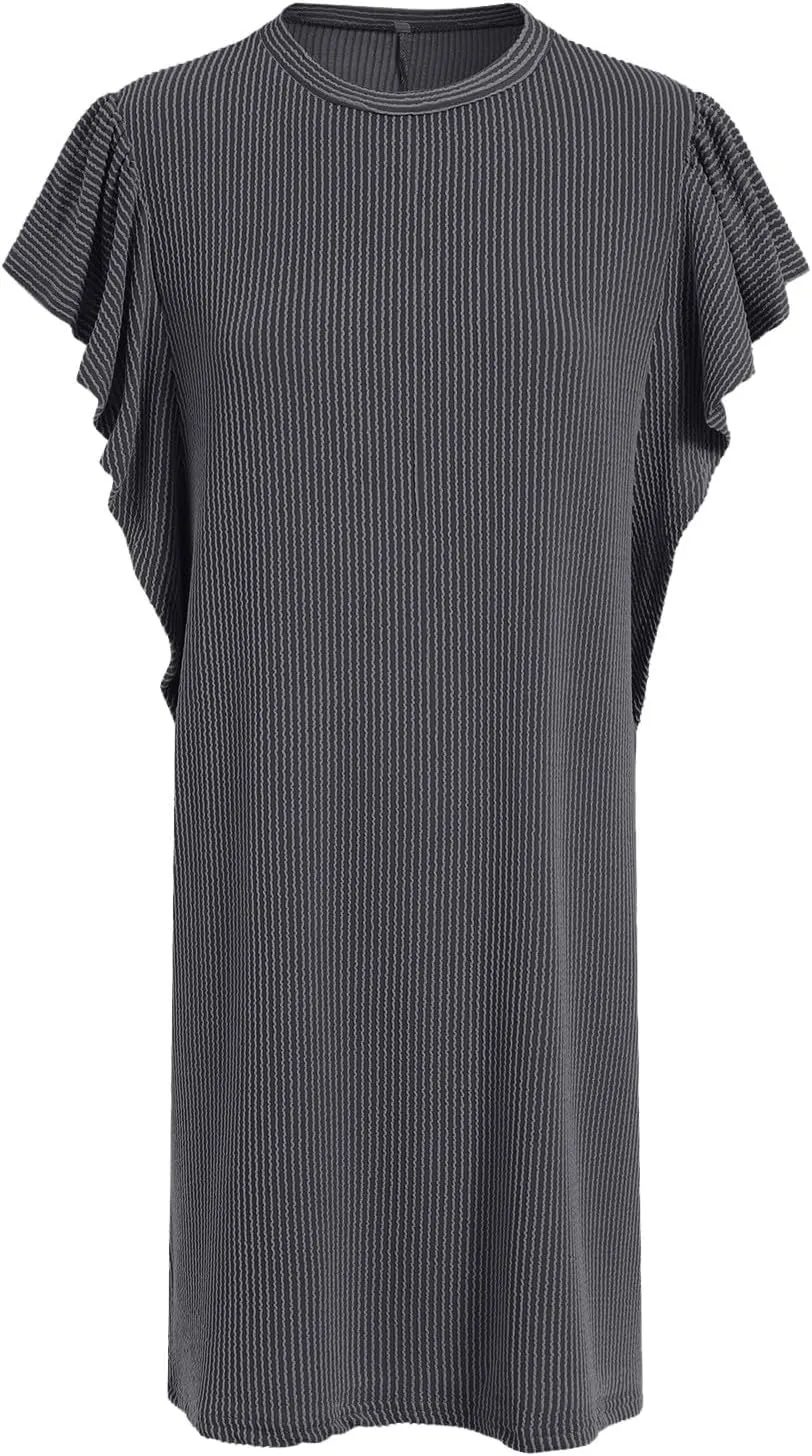 Womens Summer Ruffle Sleeve Mini Dress Crew Neck A Line Lightweight Soft Solid Casual Baby Dolls Short Dresses