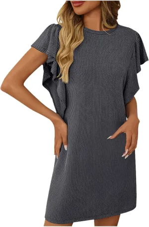 Womens Summer Ruffle Sleeve Mini Dress Crew Neck A Line Lightweight Soft Solid Casual Baby Dolls Short Dresses
