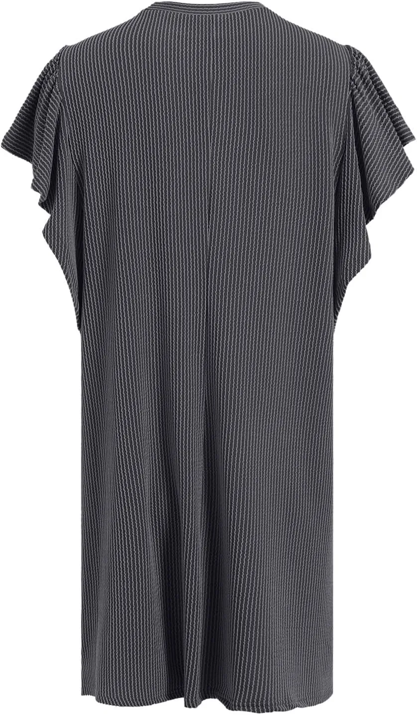Womens Summer Ruffle Sleeve Mini Dress Crew Neck A Line Lightweight Soft Solid Casual Baby Dolls Short Dresses