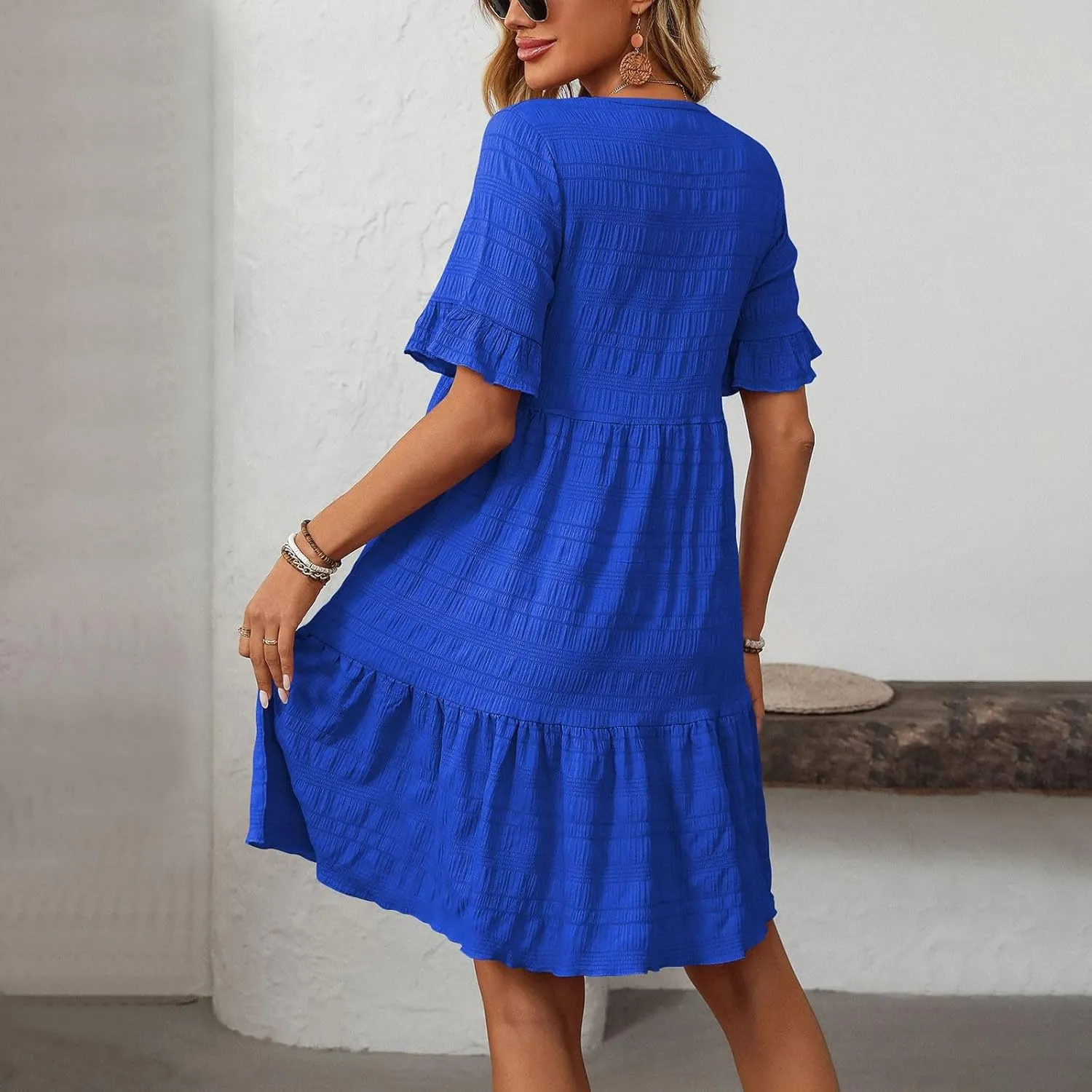 Womens Summer Ruffle Sleeve Mini Dress Crew Neck A Line Lightweight Soft Solid Casual Baby Dolls Short Dresses