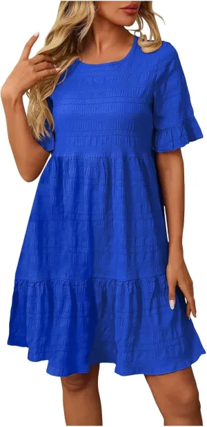 Womens Summer Ruffle Sleeve Mini Dress Crew Neck A Line Lightweight Soft Solid Casual Baby Dolls Short Dresses