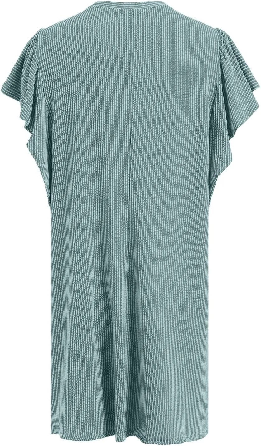 Womens Summer Ruffle Sleeve Mini Dress Crew Neck A Line Lightweight Soft Solid Casual Baby Dolls Short Dresses