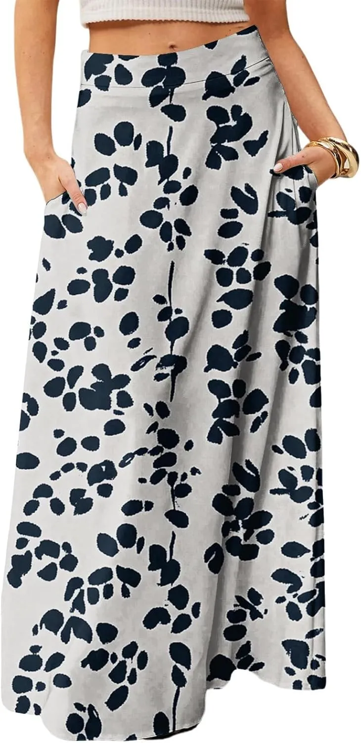 Women's Summer Skirt Trendy 2025 Floral A-Line Elastic High Waisted Skirts with Pockets Cute Elegant Boho Skirt