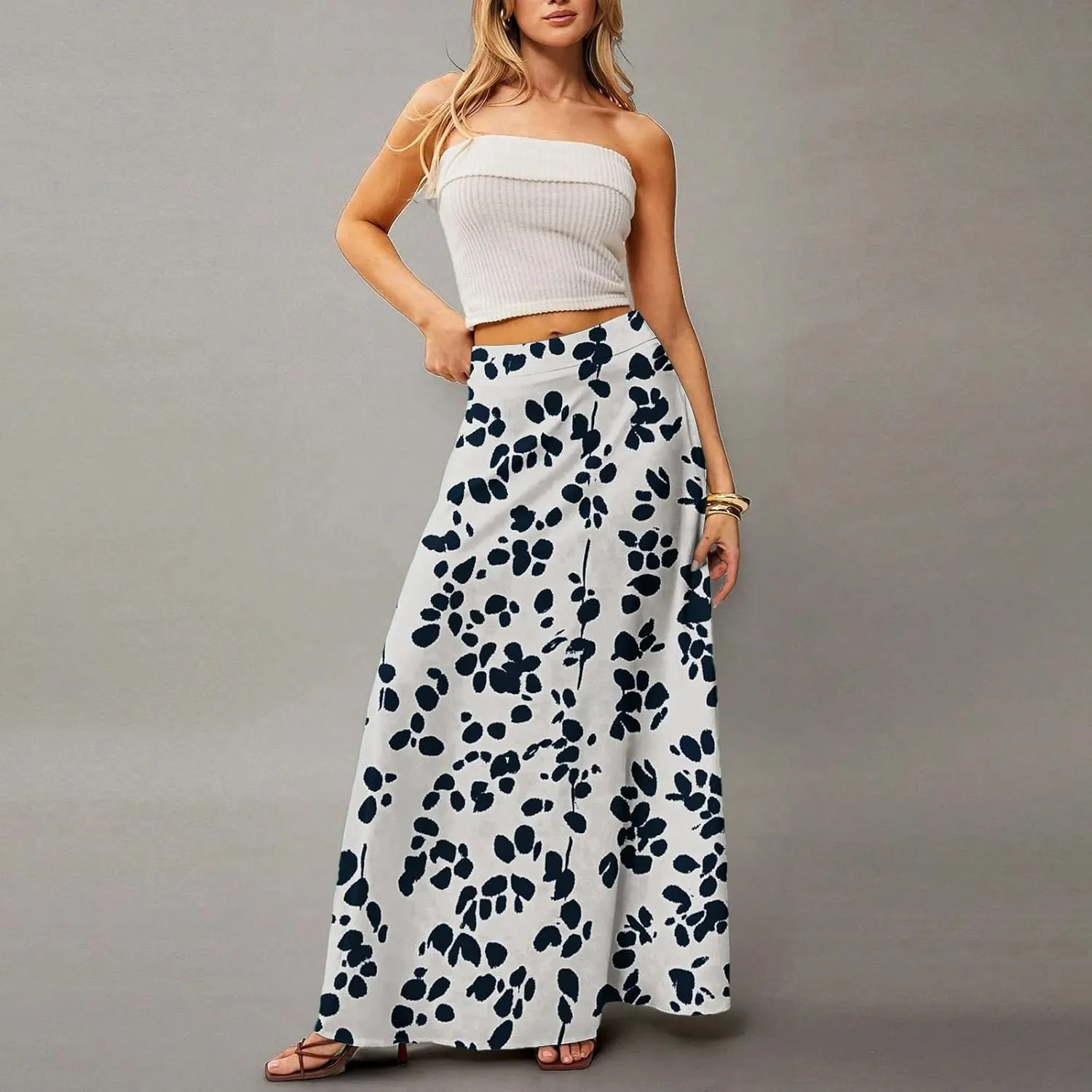 Women's Summer Skirt Trendy 2025 Floral A-Line Elastic High Waisted Skirts with Pockets Cute Elegant Boho Skirt