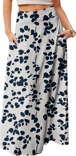 Women's Summer Skirt Trendy 2025 Floral A-Line Elastic High Waisted Skirts with Pockets Cute Elegant Boho Skirt