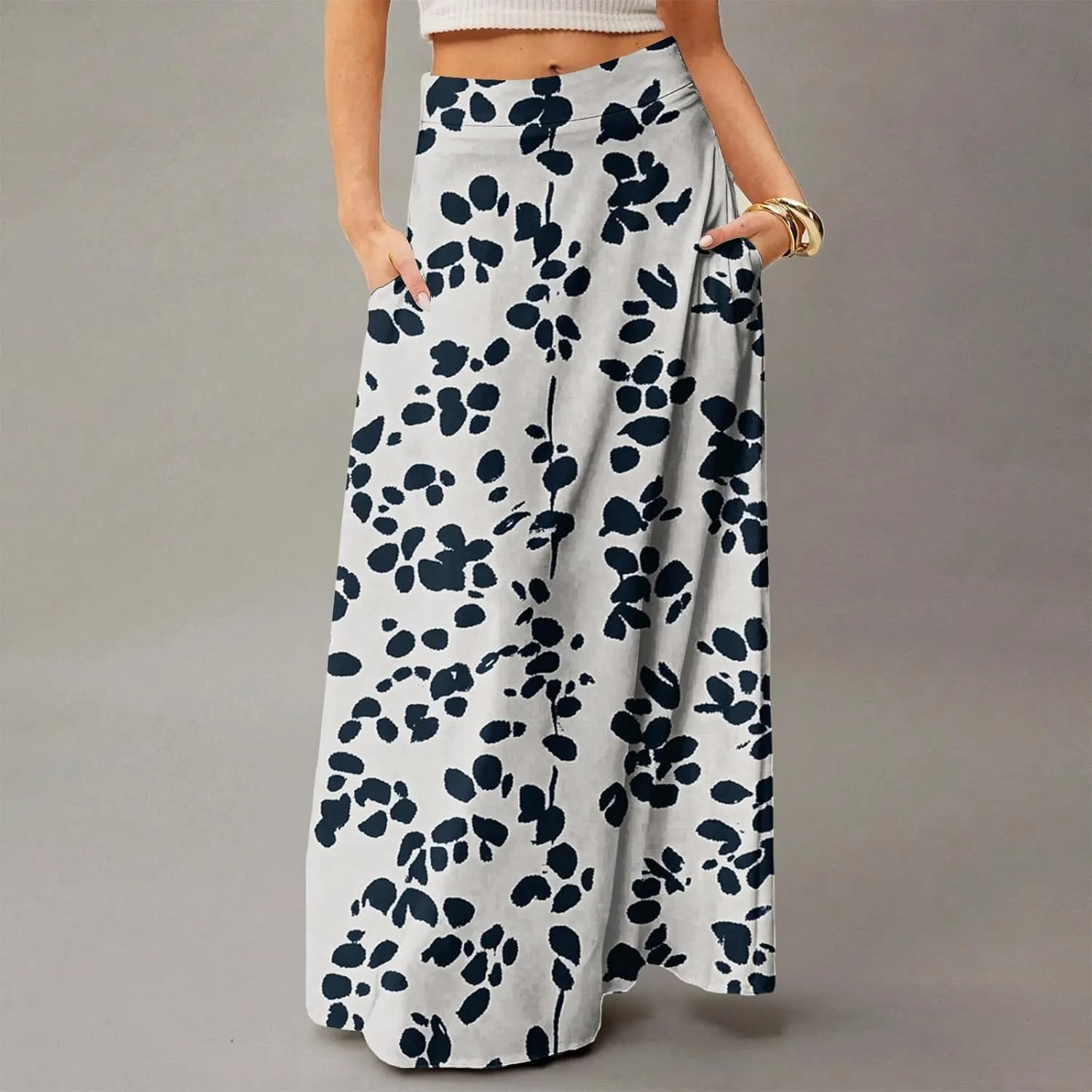Women's Summer Skirt Trendy 2025 Floral A-Line Elastic High Waisted Skirts with Pockets Cute Elegant Boho Skirt