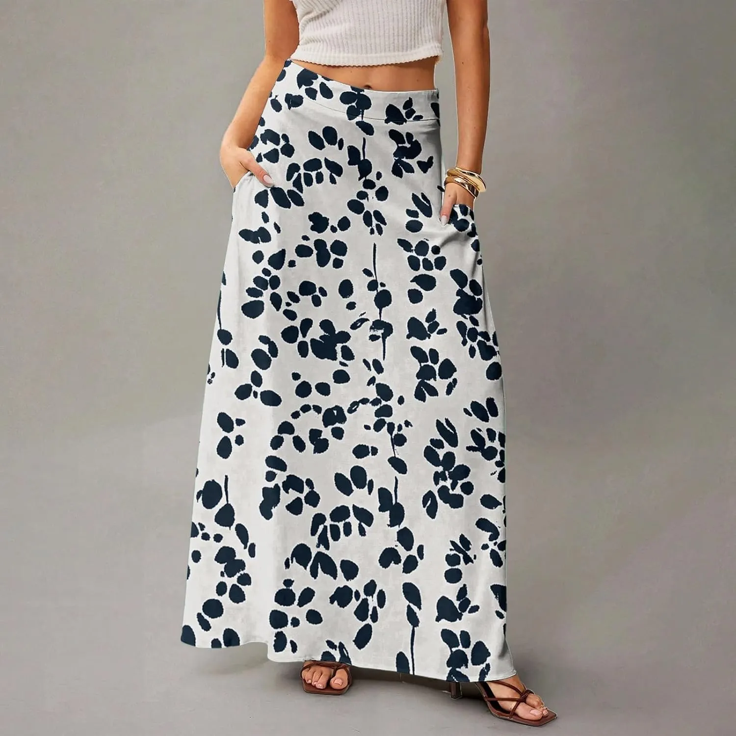 Women's Summer Skirt Trendy 2025 Floral A-Line Elastic High Waisted Skirts with Pockets Cute Elegant Boho Skirt