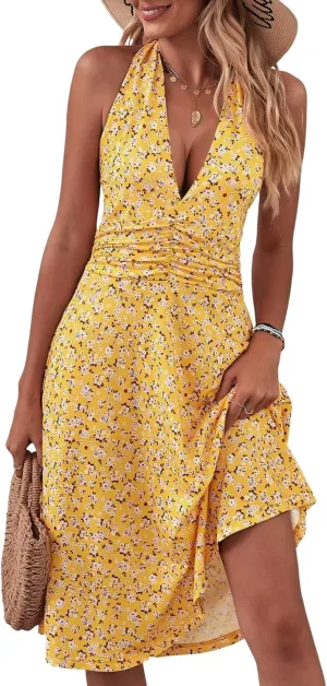 Women's Summer Sleeveless Sexy Wrap V Neck Floral Sundress Halter Neck Elastic Waist Ruffle Mini Dresses with Pocket