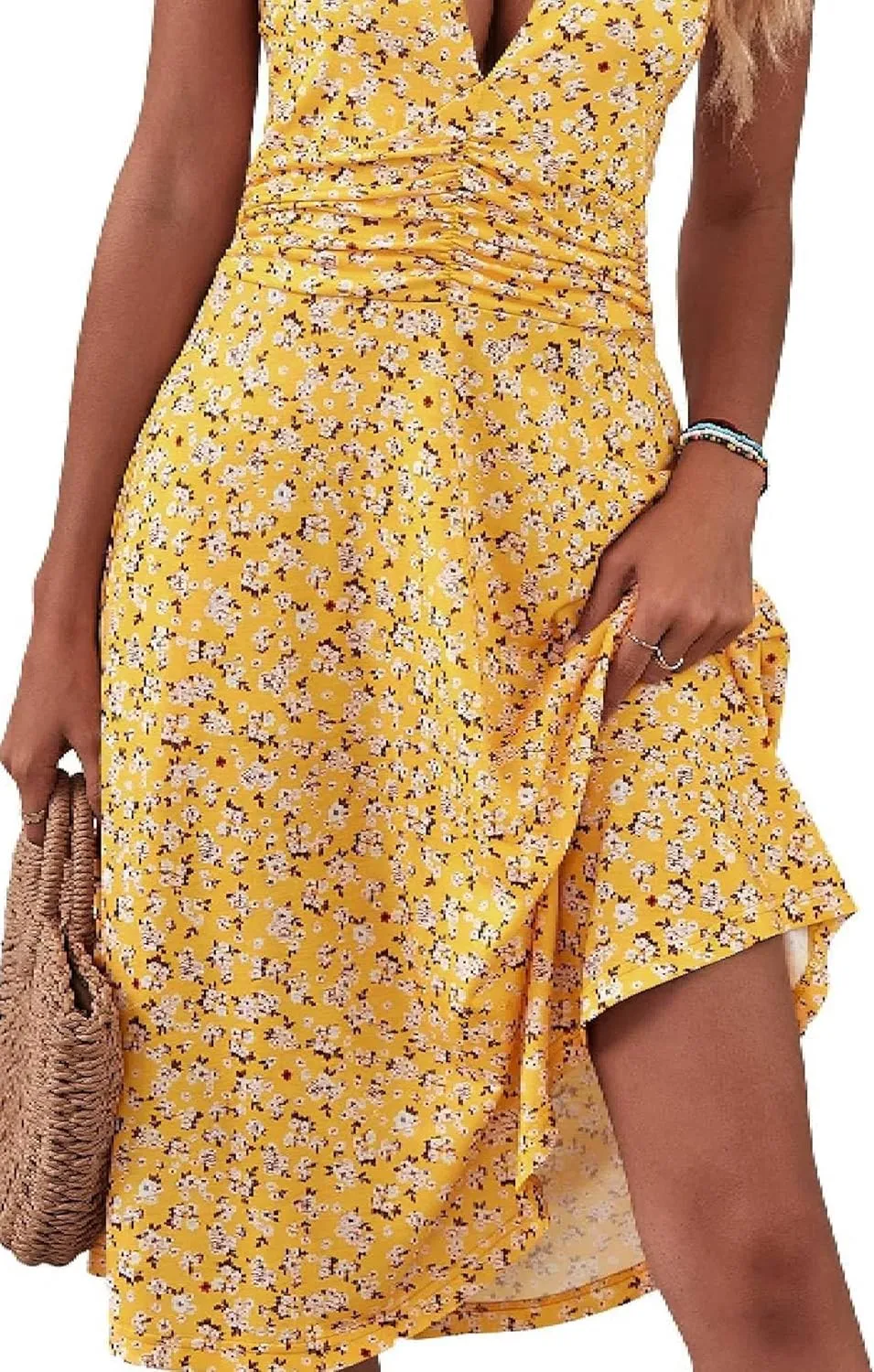 Women's Summer Sleeveless Sexy Wrap V Neck Floral Sundress Halter Neck Elastic Waist Ruffle Mini Dresses with Pocket