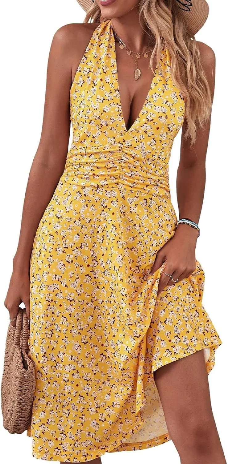 Women's Summer Sleeveless Sexy Wrap V Neck Floral Sundress Halter Neck Elastic Waist Ruffle Mini Dresses with Pocket