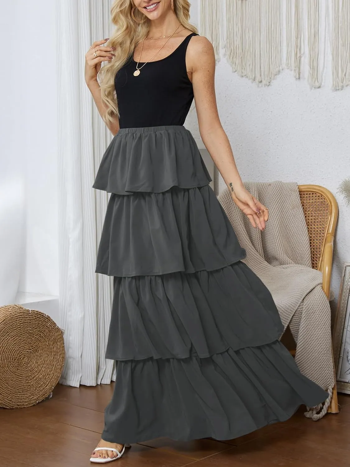 Womens Summer Tank Top Maxi Dress Smocked Ruffle Layered A Line Tiered Flowy Summer Casual Long Sundress