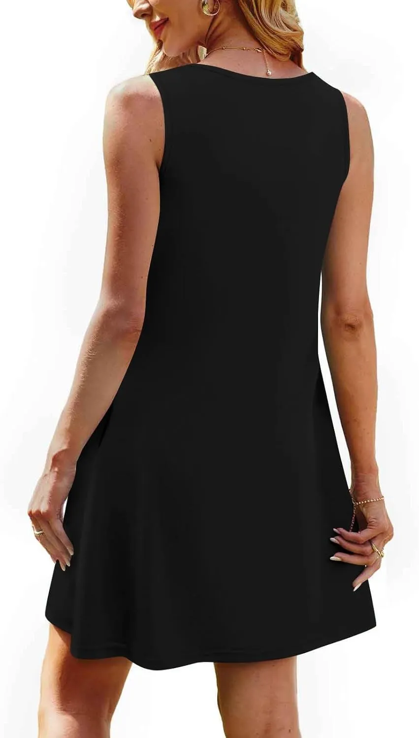 Women's Summer Trendy Casual Solid Sleeveless Round Neck Pleasted Dress - Flowy Boho Mini Dresses for Daliy