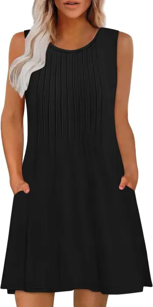 Women's Summer Trendy Casual Solid Sleeveless Round Neck Pleasted Dress - Flowy Boho Mini Dresses for Daliy