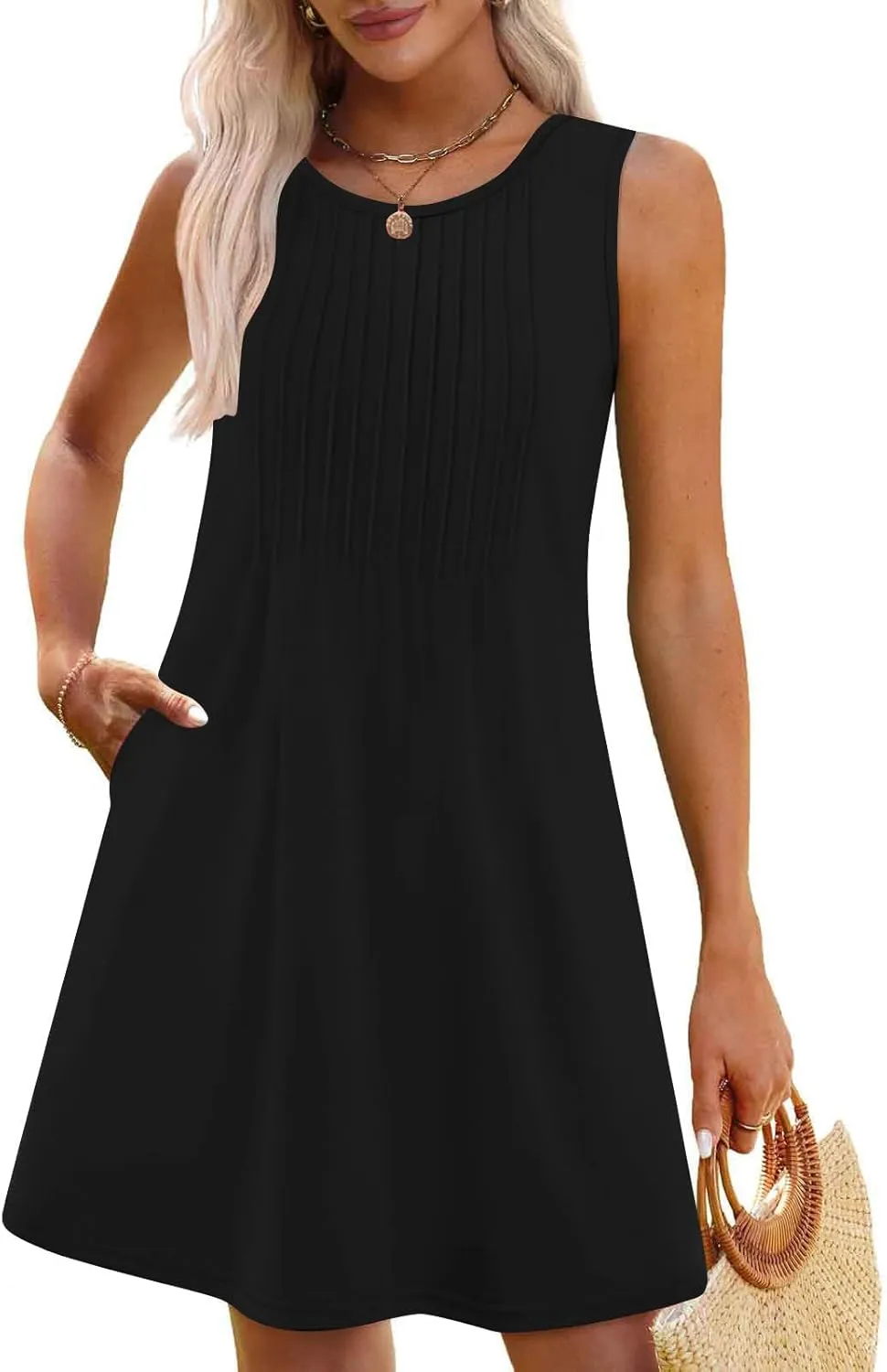 Women's Summer Trendy Casual Solid Sleeveless Round Neck Pleasted Dress - Flowy Boho Mini Dresses for Daliy