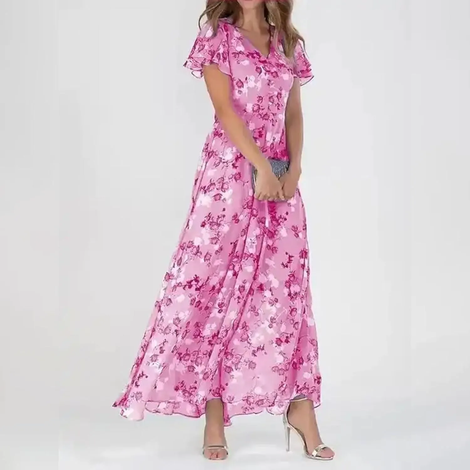 Women's Summer Wedding Guest Dress Chiffon Boho Floral Ruffle Short Sleeve v Neck Casual Flowy Maxi Sundress