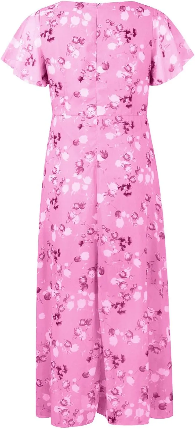 Women's Summer Wedding Guest Dress Chiffon Boho Floral Ruffle Short Sleeve v Neck Casual Flowy Maxi Sundress