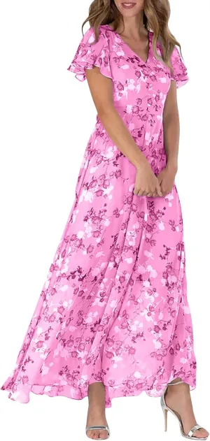 Women's Summer Wedding Guest Dress Chiffon Boho Floral Ruffle Short Sleeve v Neck Casual Flowy Maxi Sundress
