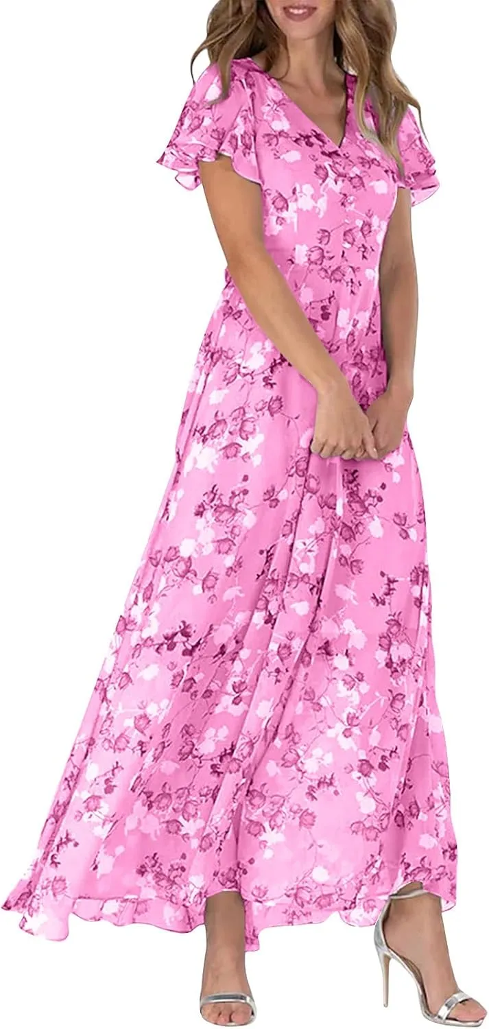 Women's Summer Wedding Guest Dress Chiffon Boho Floral Ruffle Short Sleeve v Neck Casual Flowy Maxi Sundress