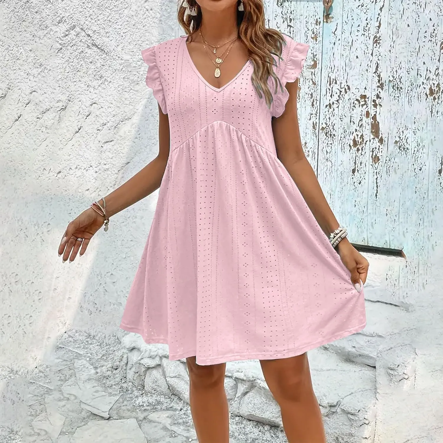 Womens Sundresses for Beach Vacation Plus Ruffle Sleeve Cut-Out Embroidery Eyelet Lace Dress Mini Dress