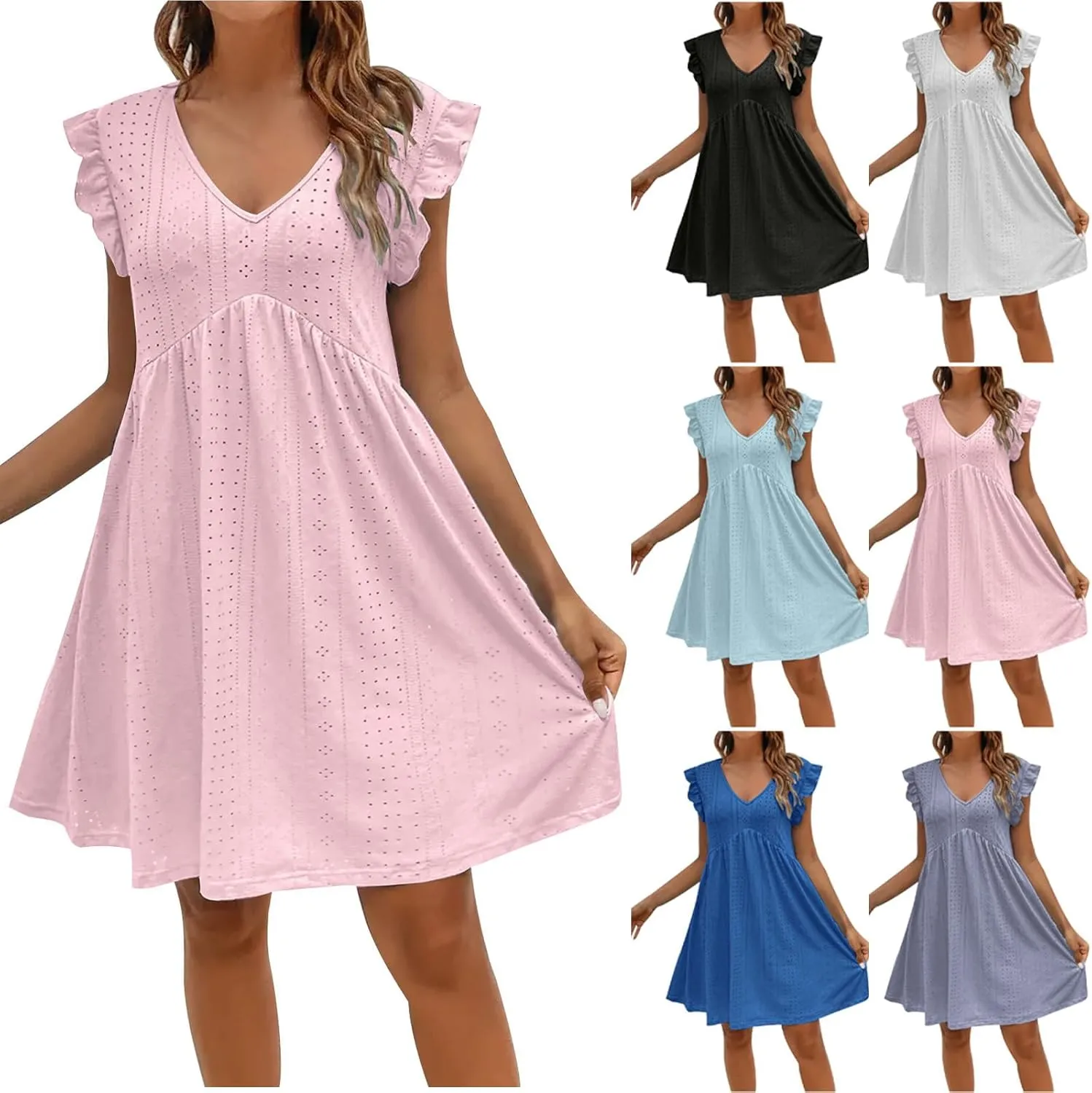 Womens Sundresses for Beach Vacation Plus Ruffle Sleeve Cut-Out Embroidery Eyelet Lace Dress Mini Dress