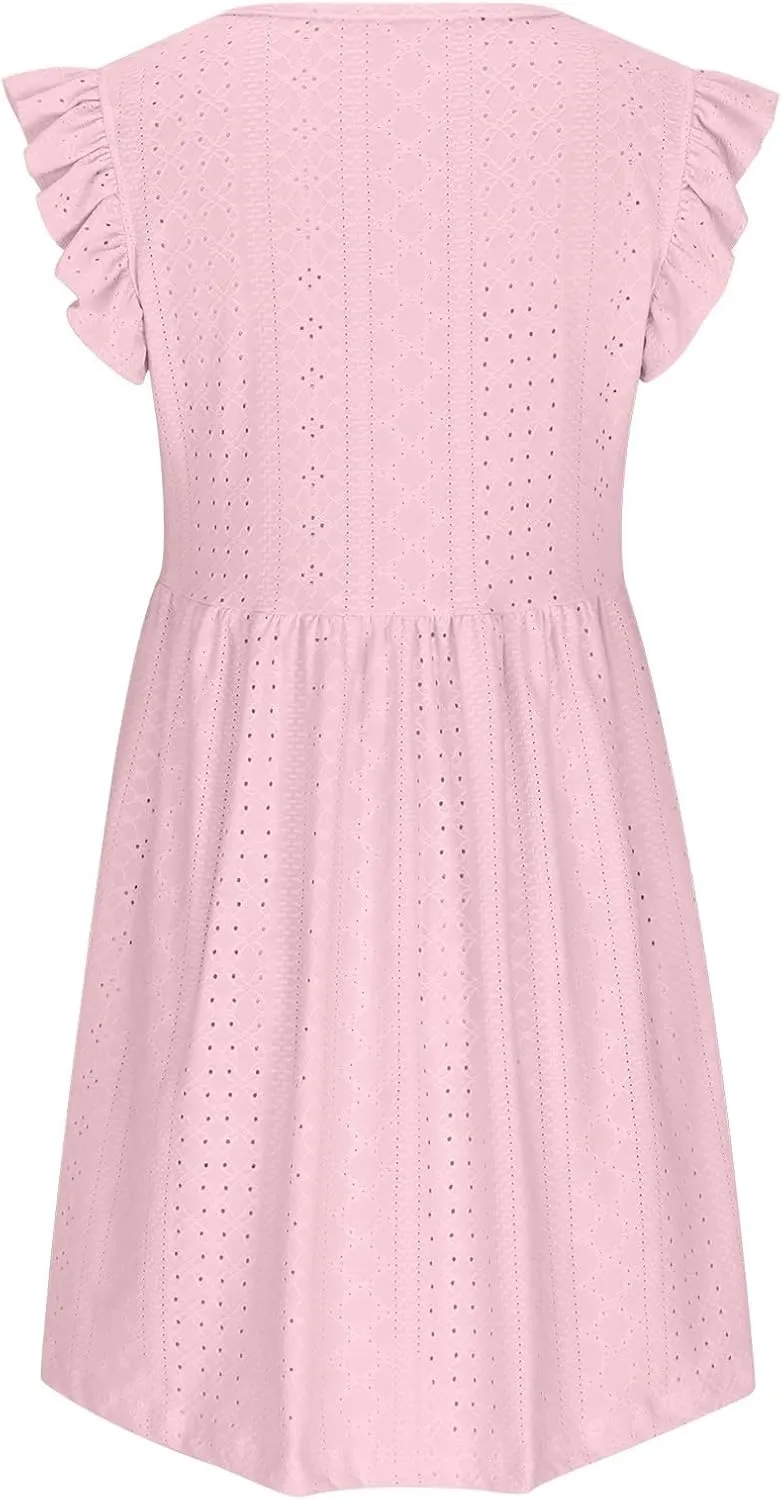 Womens Sundresses for Beach Vacation Plus Ruffle Sleeve Cut-Out Embroidery Eyelet Lace Dress Mini Dress