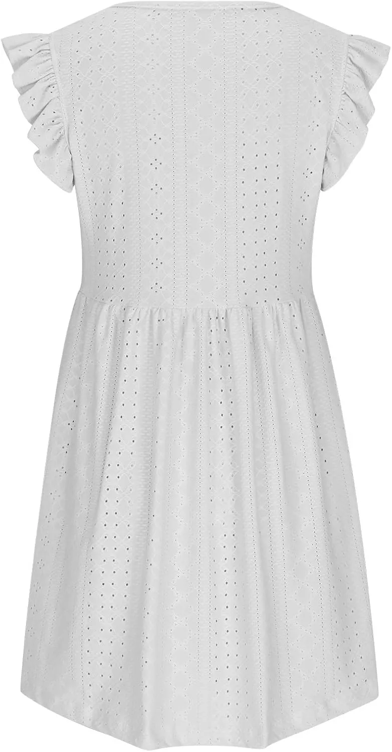 Womens Sundresses for Beach Vacation Plus Ruffle Sleeve Cut-Out Embroidery Eyelet Lace Dress Mini Dress