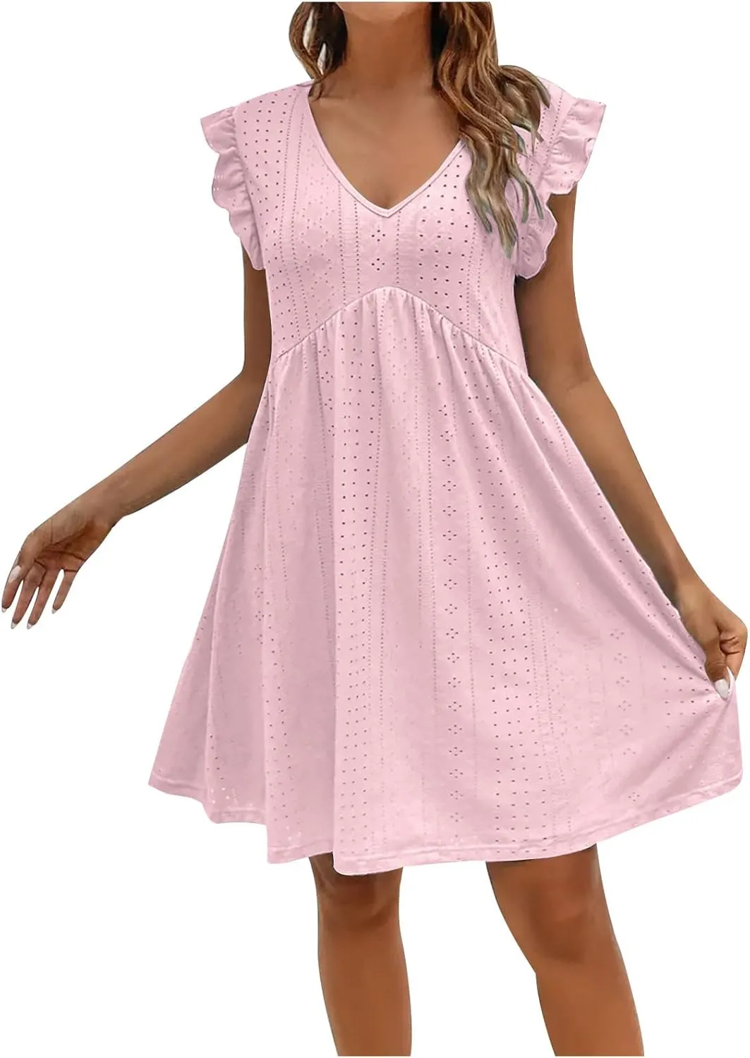Womens Sundresses for Beach Vacation Plus Ruffle Sleeve Cut-Out Embroidery Eyelet Lace Dress Mini Dress