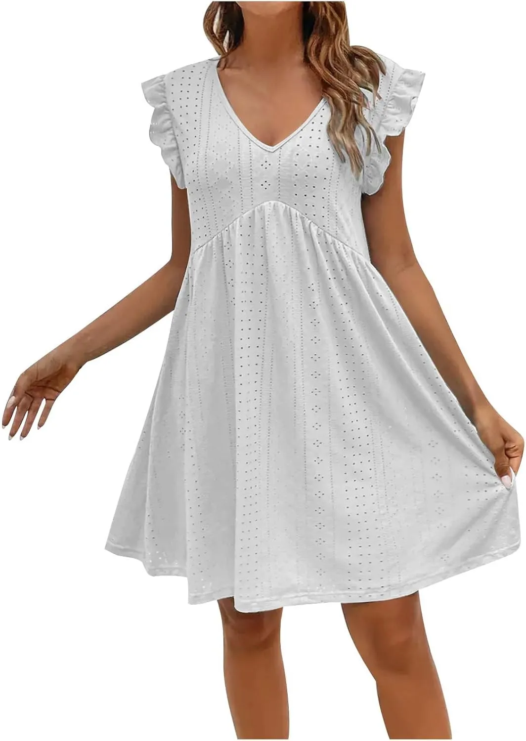 Womens Sundresses for Beach Vacation Plus Ruffle Sleeve Cut-Out Embroidery Eyelet Lace Dress Mini Dress