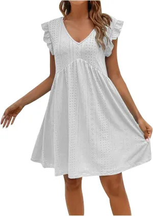 Womens Sundresses for Beach Vacation Plus Ruffle Sleeve Cut-Out Embroidery Eyelet Lace Dress Mini Dress