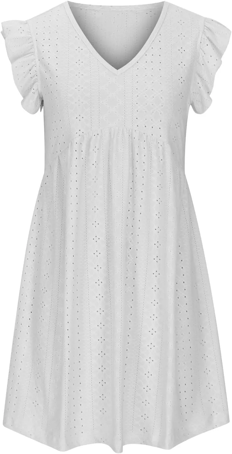 Womens Sundresses for Beach Vacation Plus Ruffle Sleeve Cut-Out Embroidery Eyelet Lace Dress Mini Dress