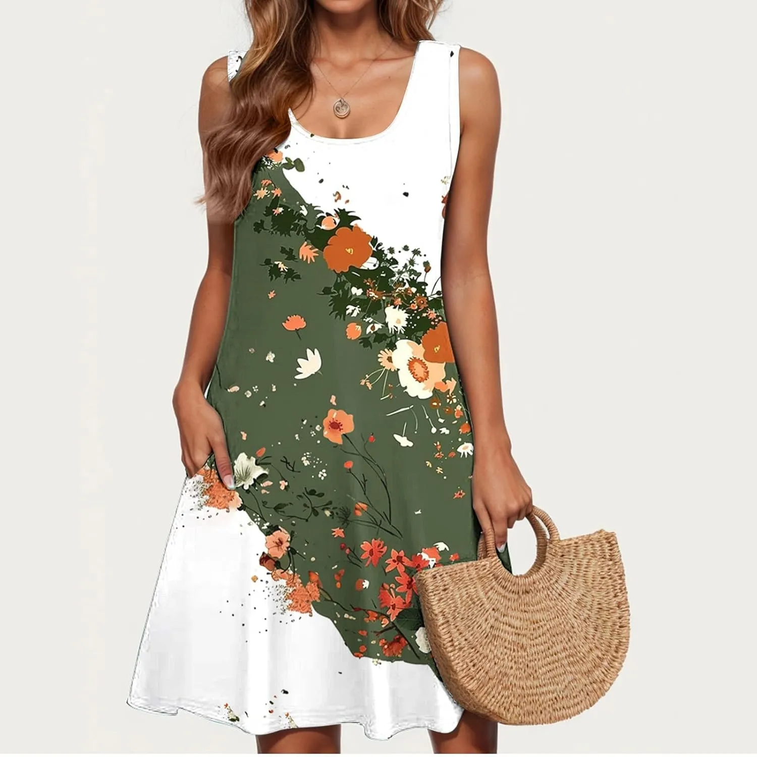 Womens Sundresses for Beach Vacation Sun Dress Sleeveless Tank Dress Boho Floral Printed Mini Dresses