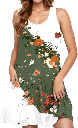 Womens Sundresses for Beach Vacation Sun Dress Sleeveless Tank Dress Boho Floral Printed Mini Dresses
