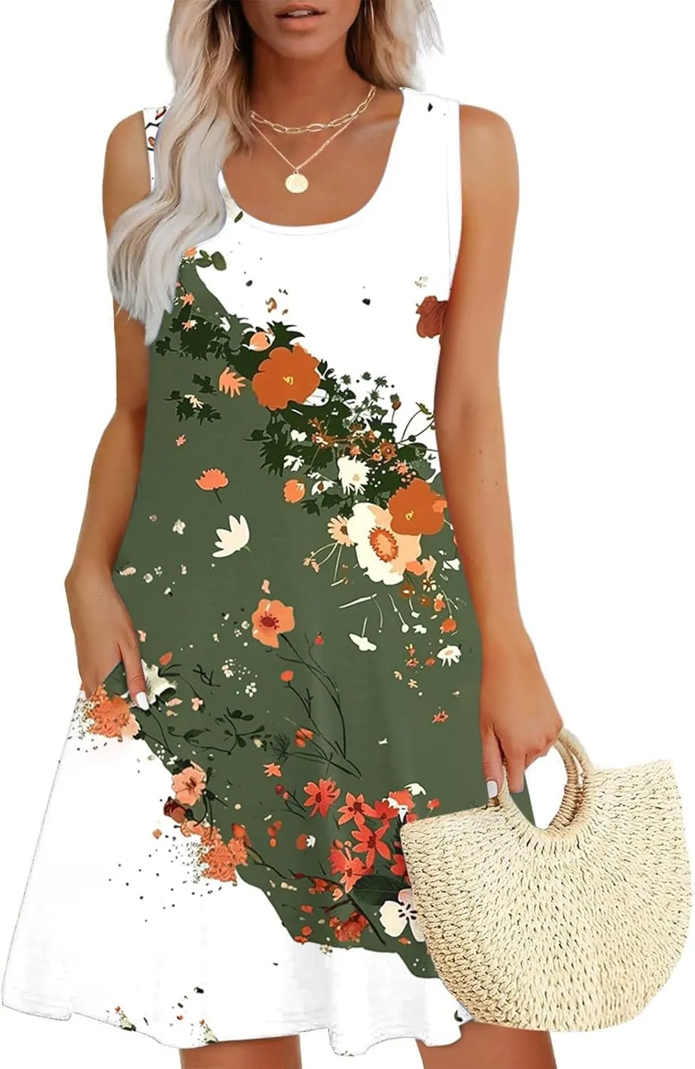 Womens Sundresses for Beach Vacation Sun Dress Sleeveless Tank Dress Boho Floral Printed Mini Dresses