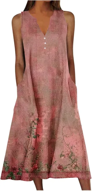 Womens Sundresses for Cruise Vacation Plus Flowy Party Beach Long Dress Sleeveless V Neck Maxi Dress with Pockets