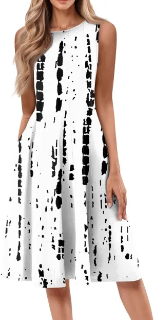 Womens Tank Sundress 2025 Casual Floral Print Tshirt Dress Swing Sleeveless Midi Dress Crewneck Pleated Summer Dresses