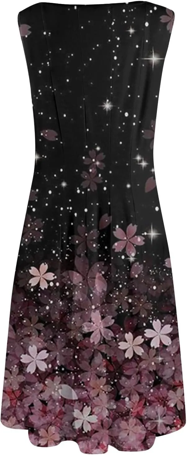 Womens Tank Sundress 2025 Casual Floral Print Tshirt Dress Swing Sleeveless Midi Dress Crewneck Pleated Summer Dresses