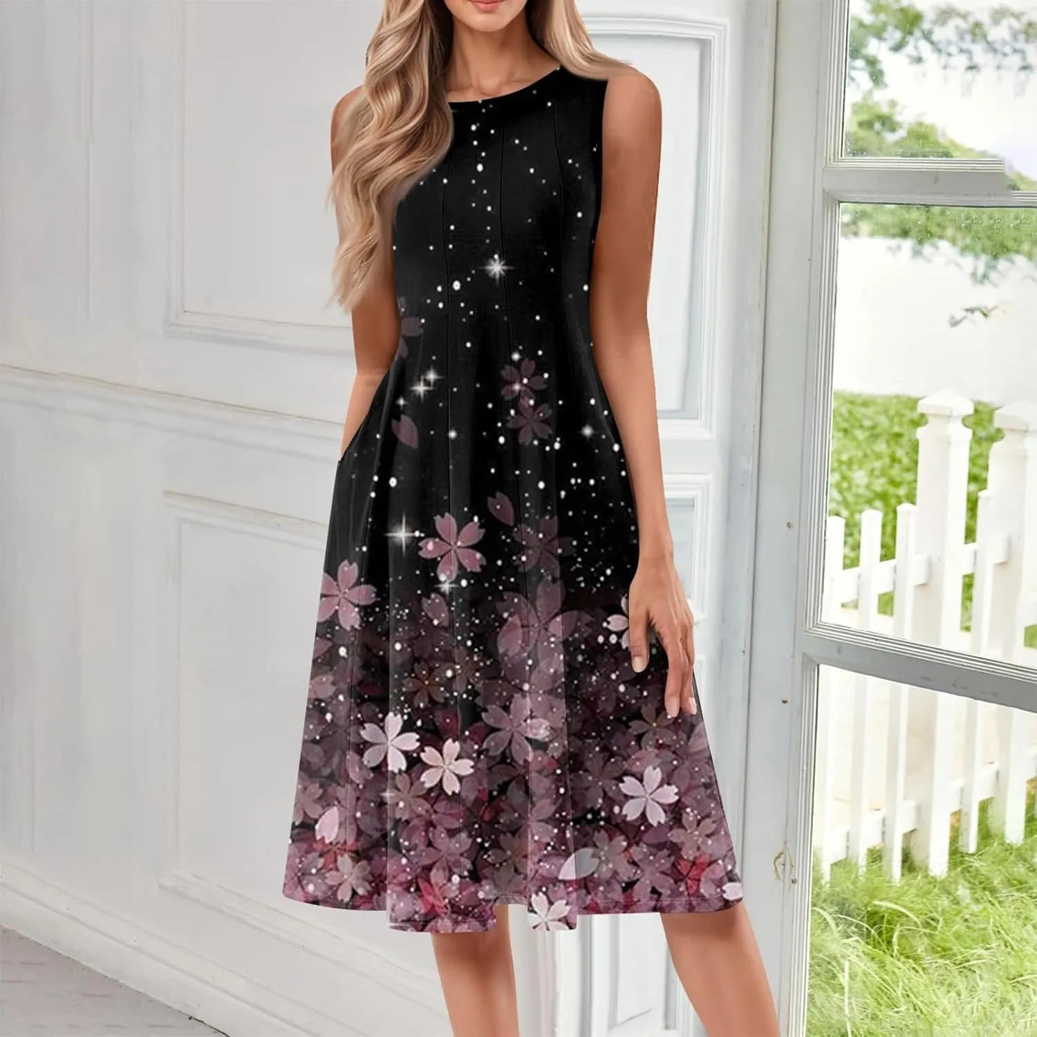 Womens Tank Sundress 2025 Casual Floral Print Tshirt Dress Swing Sleeveless Midi Dress Crewneck Pleated Summer Dresses