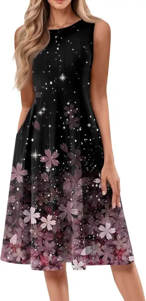 Womens Tank Sundress 2025 Casual Floral Print Tshirt Dress Swing Sleeveless Midi Dress Crewneck Pleated Summer Dresses