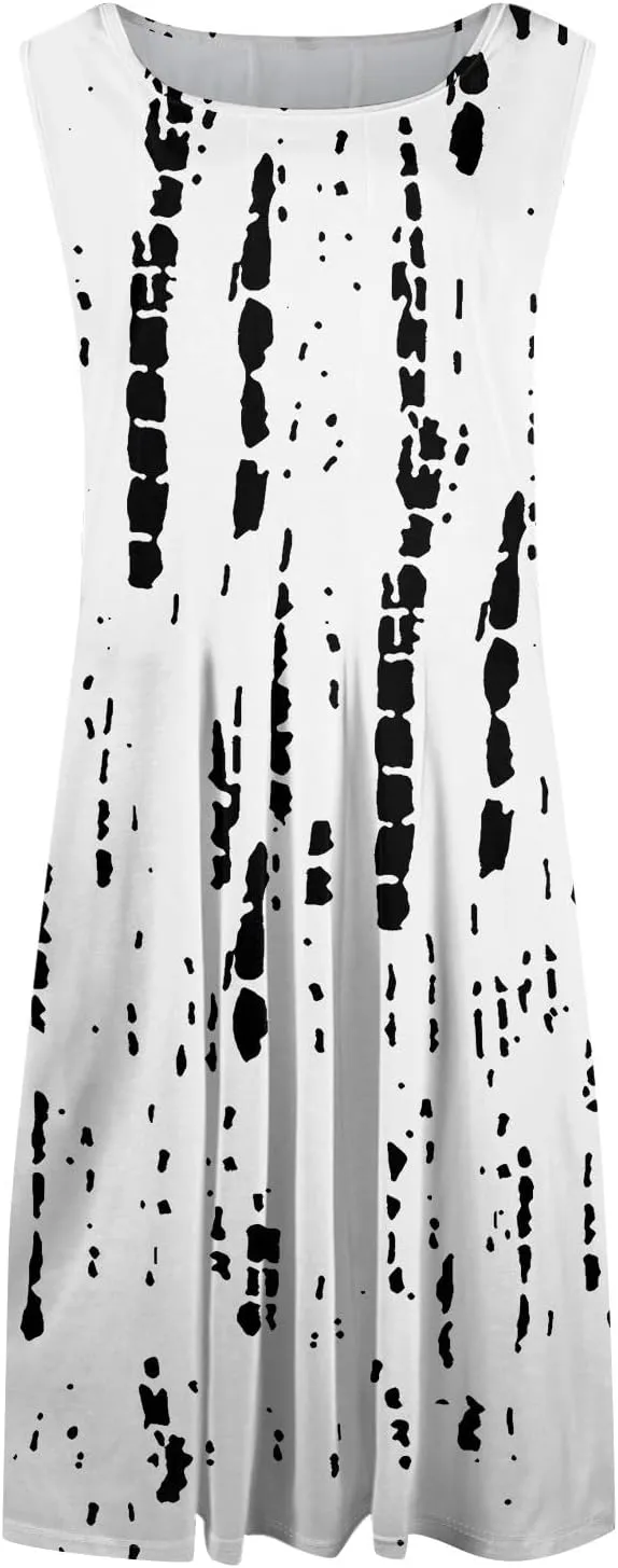 Womens Tank Sundress 2025 Casual Floral Print Tshirt Dress Swing Sleeveless Midi Dress Crewneck Pleated Summer Dresses