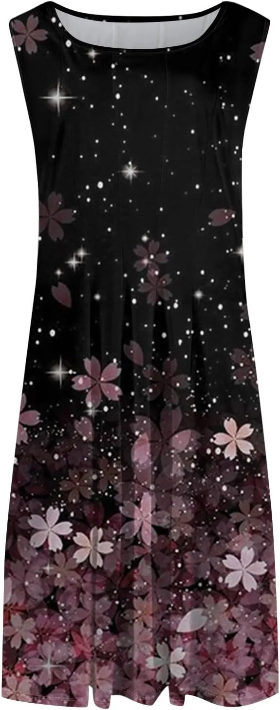Womens Tank Sundress 2025 Casual Floral Print Tshirt Dress Swing Sleeveless Midi Dress Crewneck Pleated Summer Dresses