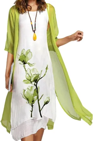 Womens Two Piece Set Floral Print Wedding Guest Dress with Cardigan Chiffon Loose Casual Sleeveless Plus Size Dresses