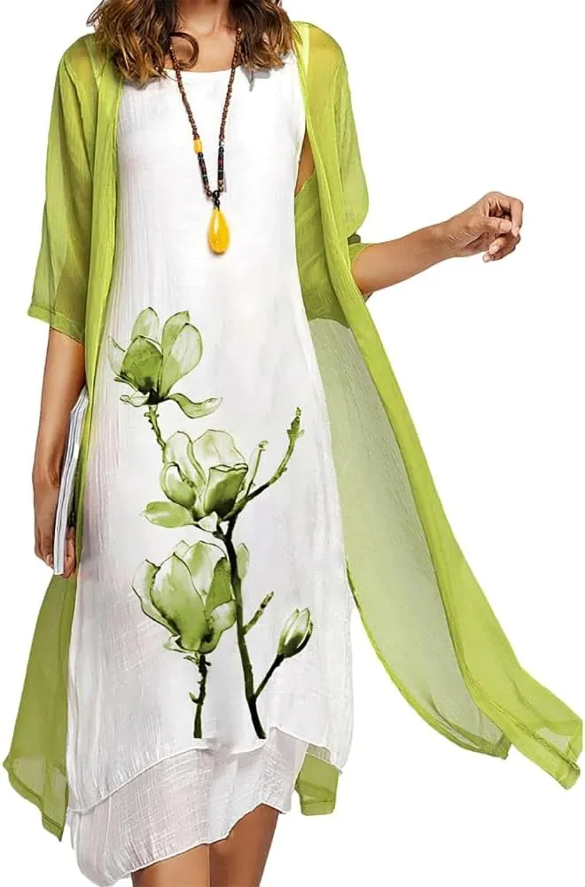 Womens Two Piece Set Floral Print Wedding Guest Dress with Cardigan Chiffon Loose Casual Sleeveless Plus Size Dresses
