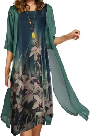 Womens Two Piece Set Floral Print Wedding Guest Dress with Cardigan Chiffon Loose Casual Sleeveless Plus Size Dresses