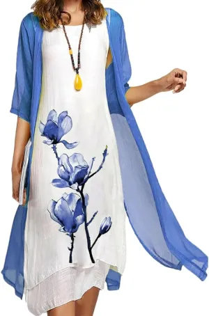 Womens Two Piece Set Floral Print Wedding Guest Dress with Cardigan Chiffon Loose Casual Sleeveless Plus Size Dresses