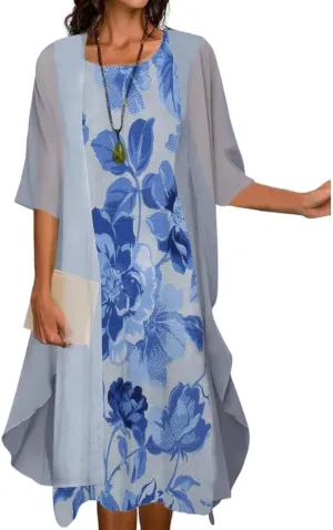 Womens Two Piece Set Floral Print Wedding Guest Dress with Cardigan Chiffon Loose Casual Sleeveless Plus Size Dresses