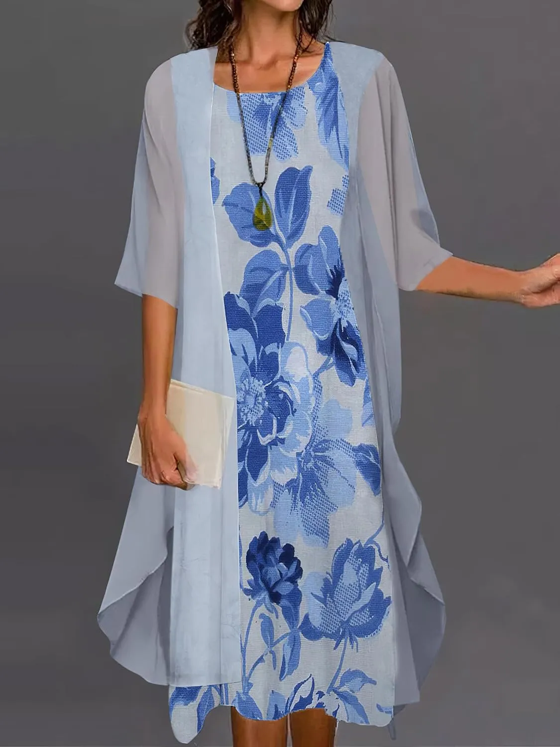 Womens Two Piece Set Floral Print Wedding Guest Dress with Cardigan Chiffon Loose Casual Sleeveless Plus Size Dresses