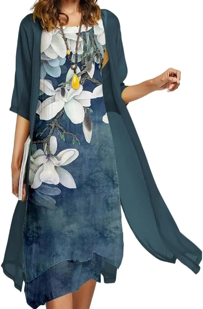 Womens Two Piece Set Floral Print Wedding Guest Dress with Cardigan Chiffon Loose Casual Sleeveless Plus Size Dresses