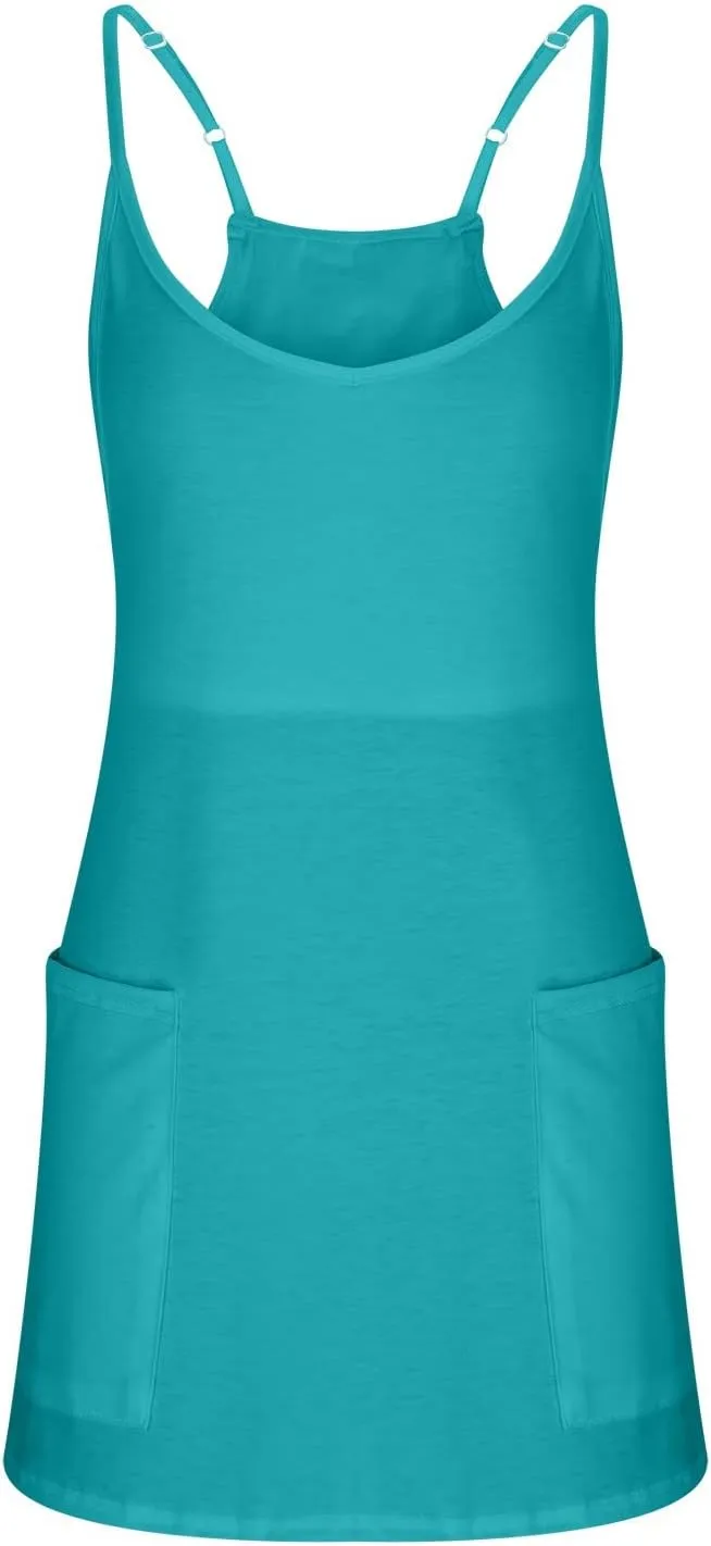 Womens Two Piece Summer Sets Sleeveless V Neck Mini Dress Spaghetti Strap Sundress Athletic Shorts with Pockets