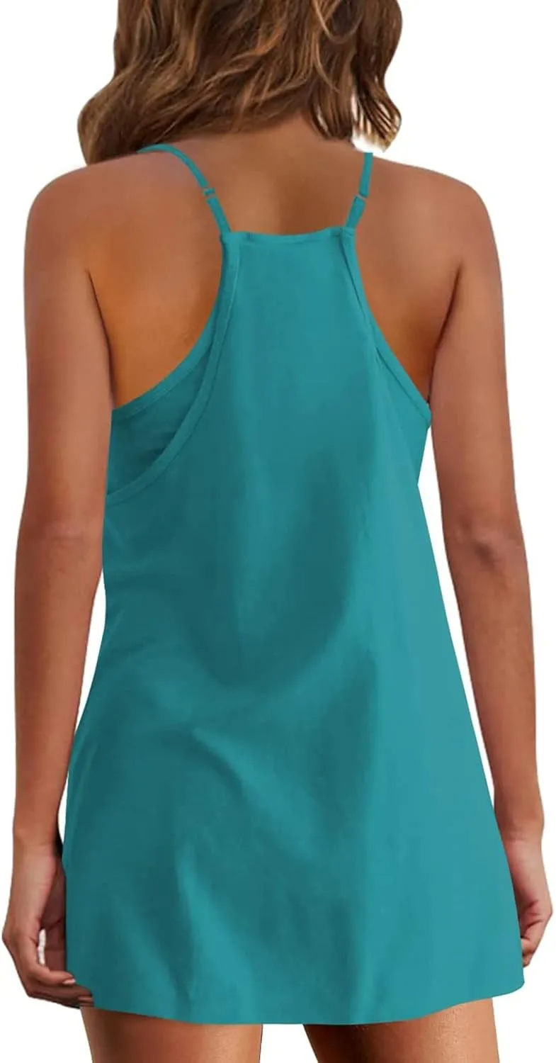 Womens Two Piece Summer Sets Sleeveless V Neck Mini Dress Spaghetti Strap Sundress Athletic Shorts with Pockets